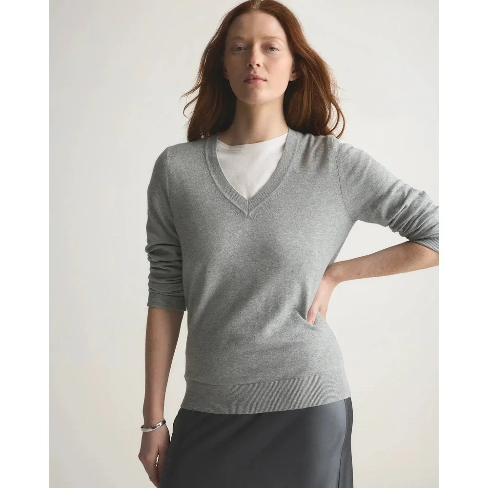 Quince Lightweight Cotton Cashmere V Neck Sweater Heather Grey Size M Capsule - Picture 1 of 6